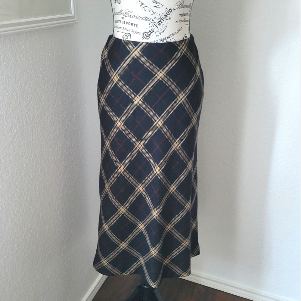 Vintage Worsted Wool Plaid Skirt Jones New York Size 8 Dark Brown Made In USA